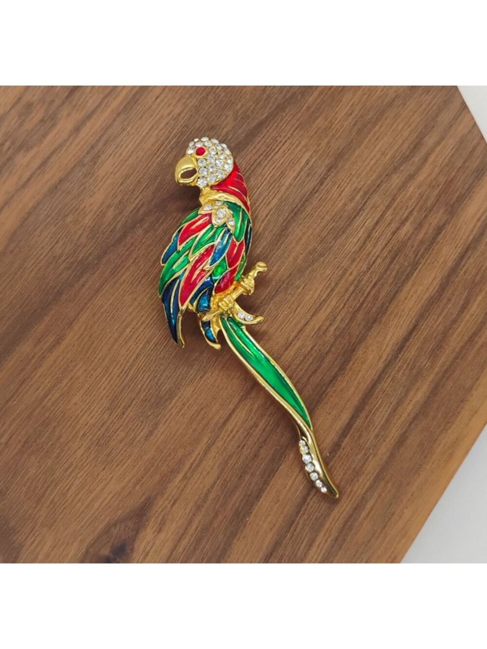 Large 4" Long Colorful Parrot Macaw Brooch Enamel Rhinestone Gold Tone